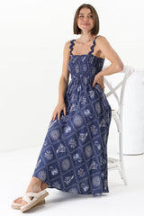 Mel Midi Dress - Rick Rack Strap Elasticated Bodice Sun Dress in Kalah Print Navy