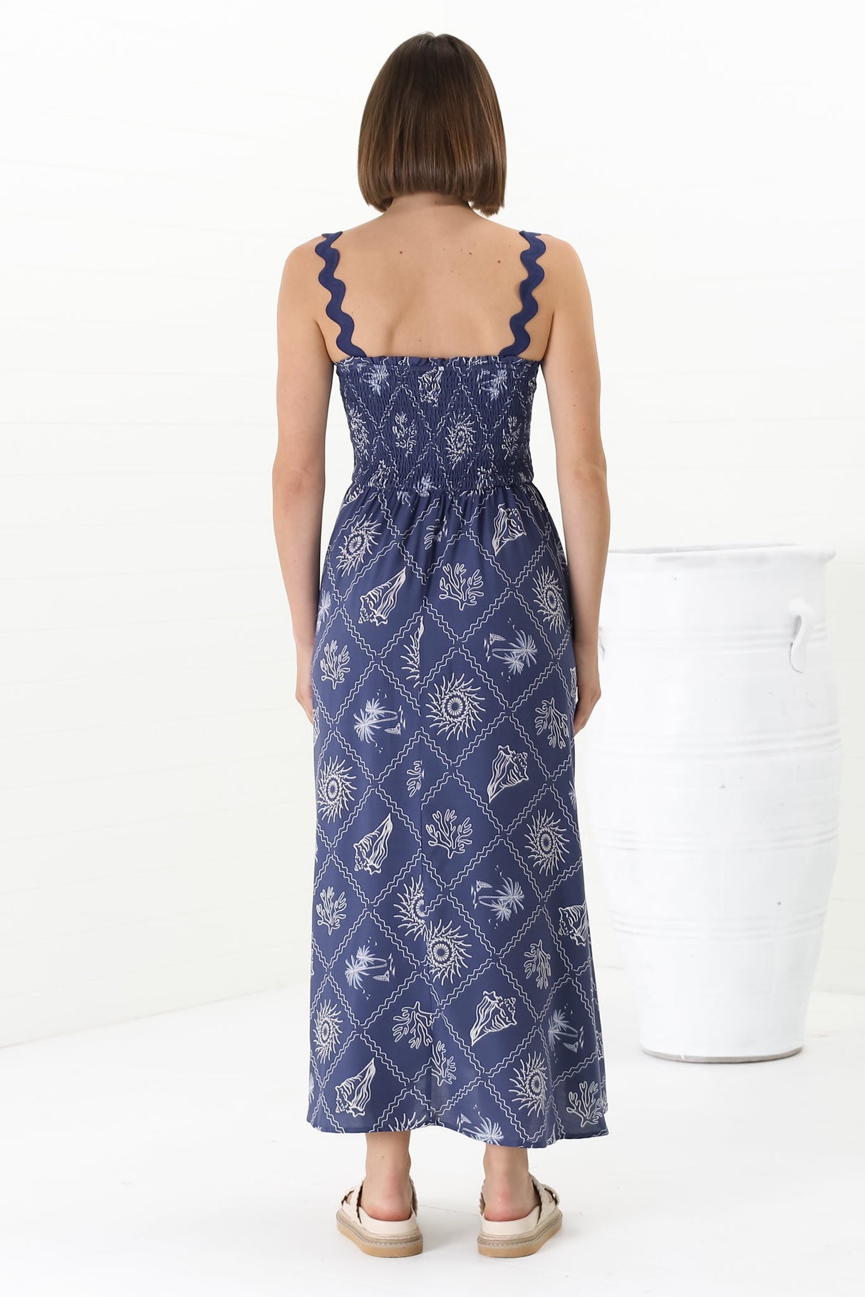 Mel Midi Dress - Rick Rack Strap Elasticated Bodice Sun Dress in Kalah Print Navy