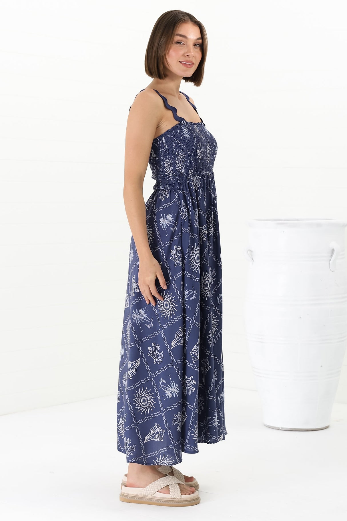 Mel Midi Dress - Rick Rack Strap Elasticated Bodice Sun Dress in Kalah Print Navy