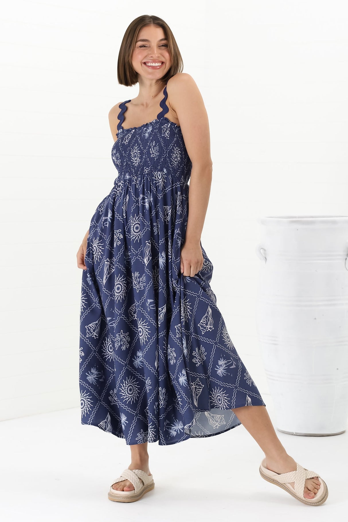 Mel Midi Dress - Rick Rack Strap Elasticated Bodice Sun Dress in Kalah Print Navy