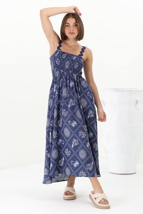 Mel Midi Dress - Rick Rack Strap Elasticated Bodice Sun Dress in Kalah Print Navy