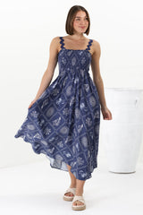 Mel Midi Dress - Rick Rack Strap Elasticated Bodice Sun Dress in Kalah Print Navy