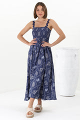 Mel Midi Dress - Rick Rack Strap Elasticated Bodice Sun Dress in Kalah Print Navy