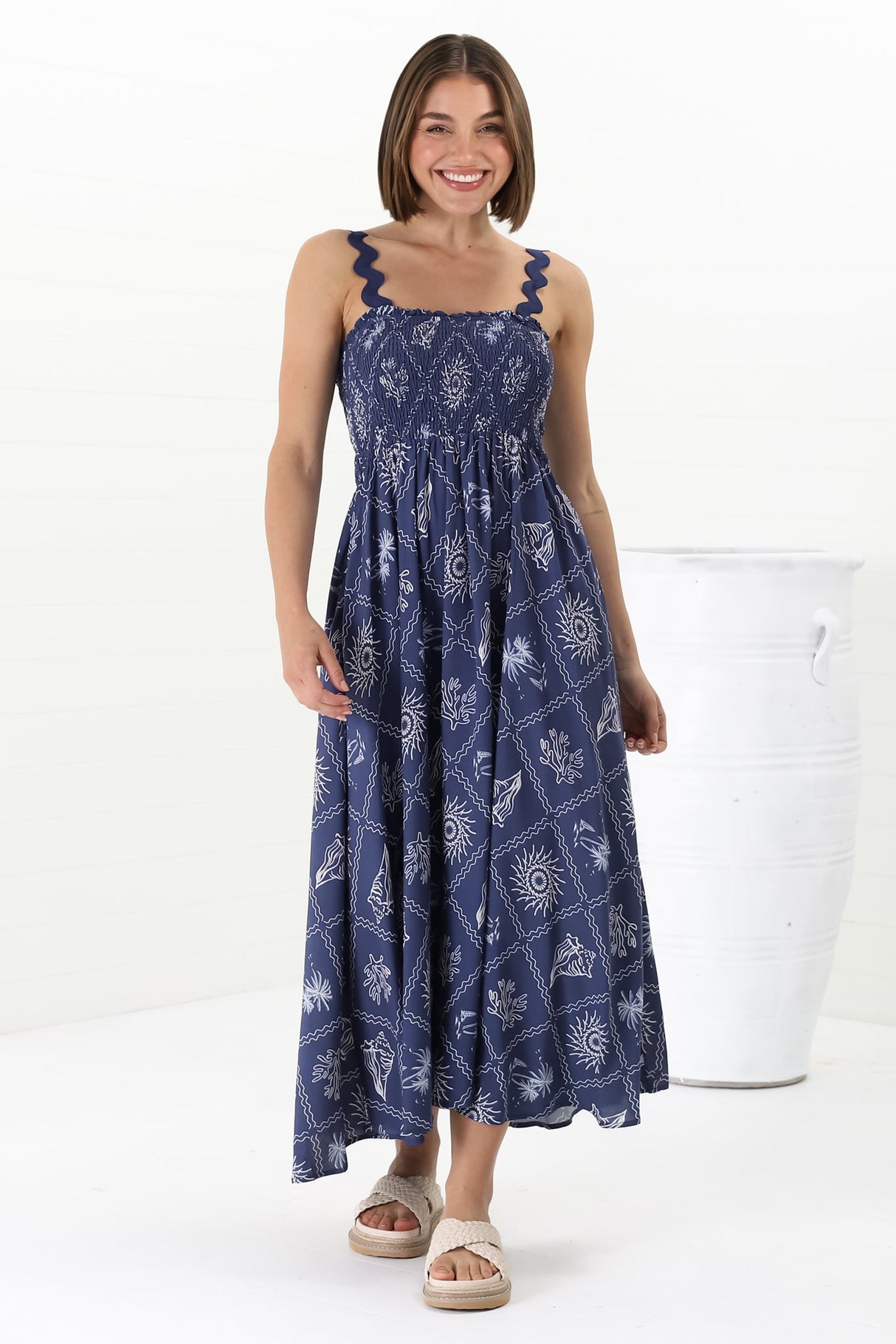 Mel Midi Dress - Rick Rack Strap Elasticated Bodice Sun Dress in Kalah Print Navy