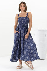 Mel Midi Dress - Rick Rack Strap Elasticated Bodice Sun Dress in Kalah Print Navy