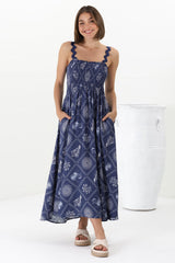 Mel Midi Dress - Rick Rack Strap Elasticated Bodice Sun Dress in Kalah Print Navy