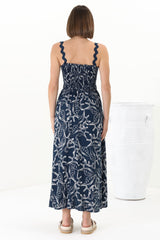 Mel Midi Dress - Rick Rack Strap Elasticated Bodice Sun Dress in Sanaz Print Navy