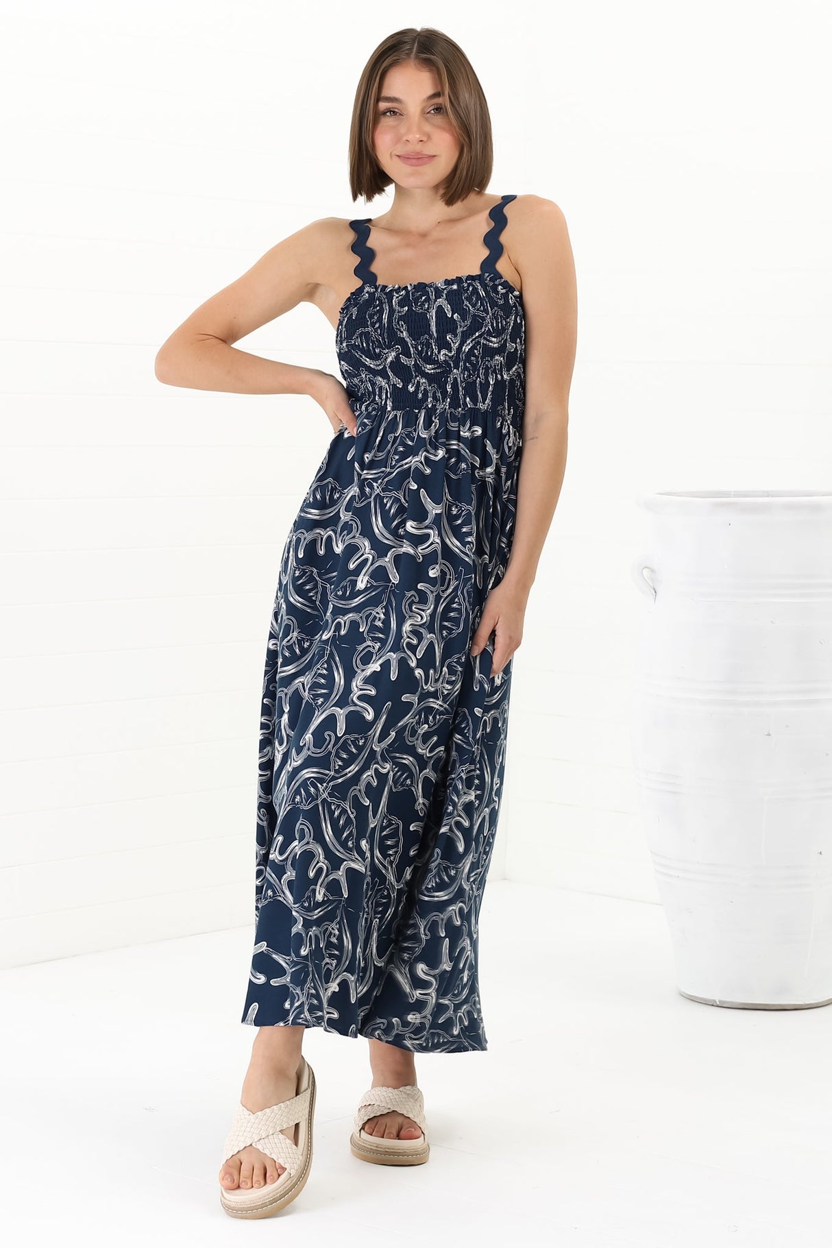 Mel Midi Dress - Rick Rack Strap Elasticated Bodice Sun Dress in Sanaz Print Navy