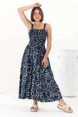 Mel Midi Dress - Rick Rack Strap Elasticated Bodice Sun Dress in Sanaz Print Navy