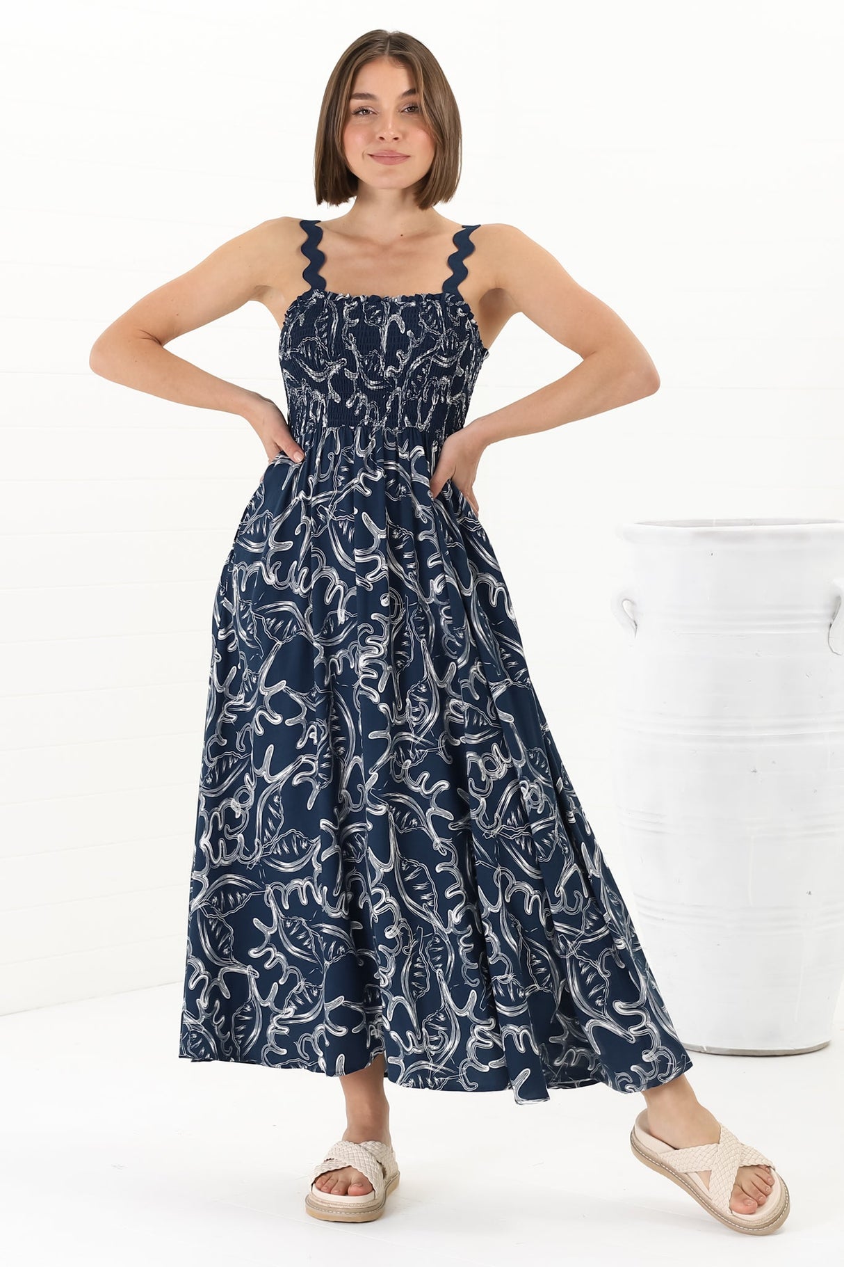 Mel Midi Dress - Rick Rack Strap Elasticated Bodice Sun Dress in Sanaz Print Navy