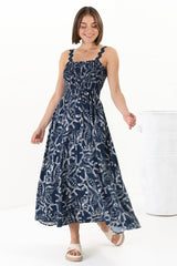 Mel Midi Dress - Rick Rack Strap Elasticated Bodice Sun Dress in Sanaz Print Navy