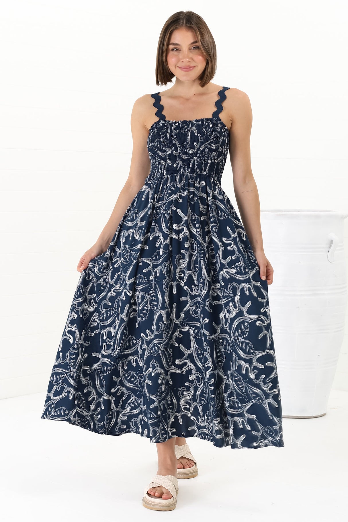 Mel Midi Dress - Rick Rack Strap Elasticated Bodice Sun Dress in Sanaz Print Navy