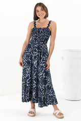 Mel Midi Dress - Rick Rack Strap Elasticated Bodice Sun Dress in Sanaz Print Navy