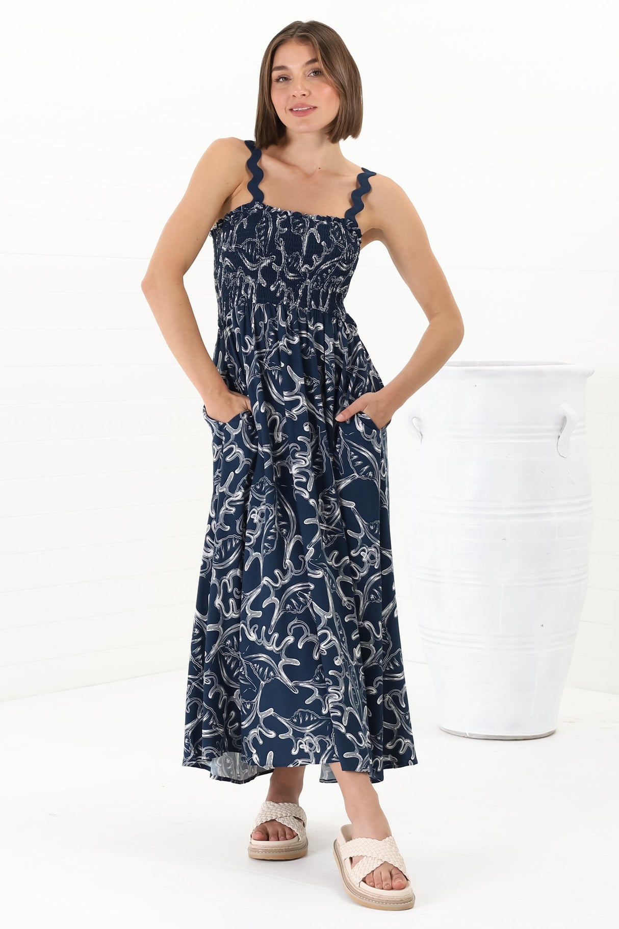 Mel Midi Dress - Rick Rack Strap Elasticated Bodice Sun Dress in Sanaz Print Navy