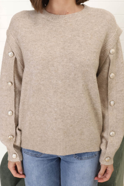 Meldon Jumper - Button Detailed Crew Neck Jumper in Taupe