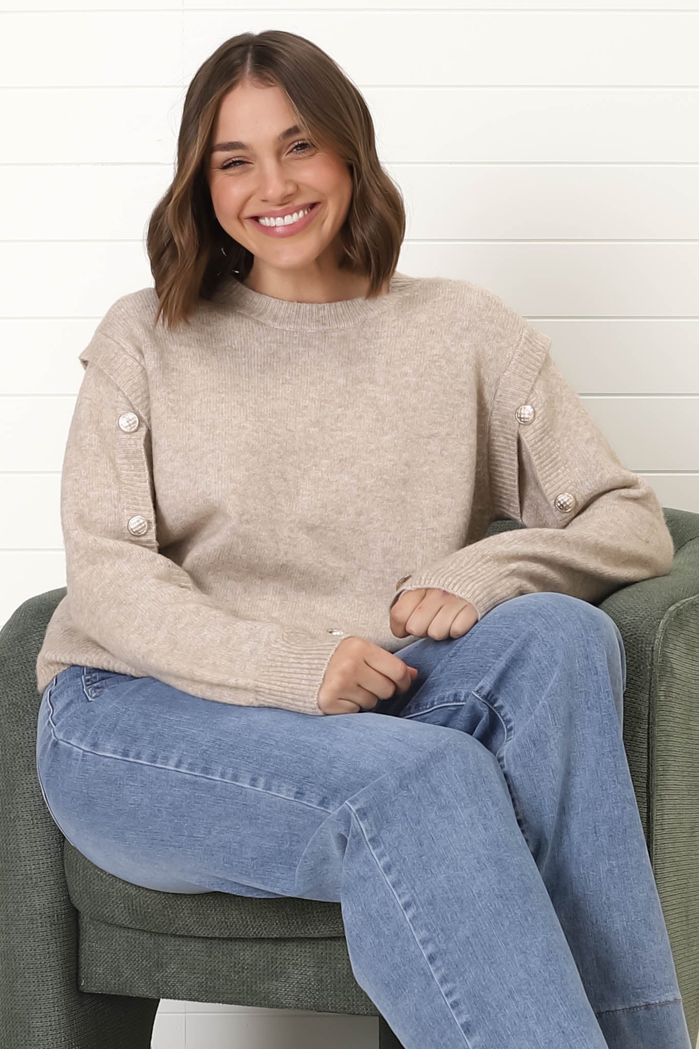 Meldon Jumper - Button Detailed Crew Neck Jumper in Taupe