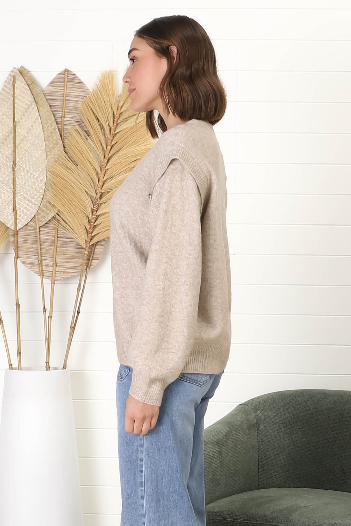 Meldon Jumper - Button Detailed Crew Neck Jumper in Taupe