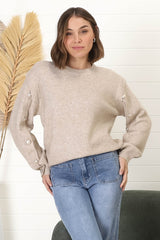 Meldon Jumper - Button Detailed Crew Neck Jumper in Taupe