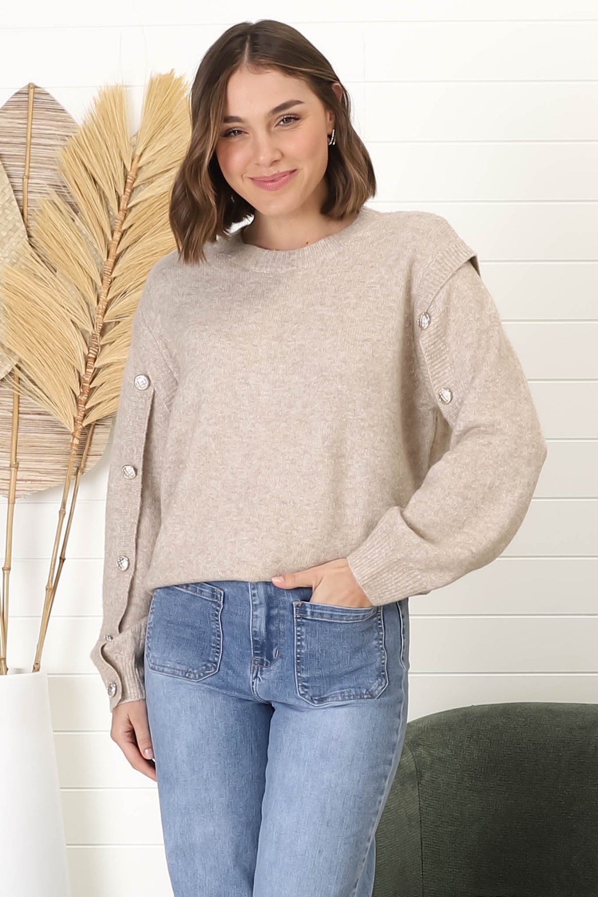 Meldon Jumper - Button Detailed Crew Neck Jumper in Taupe