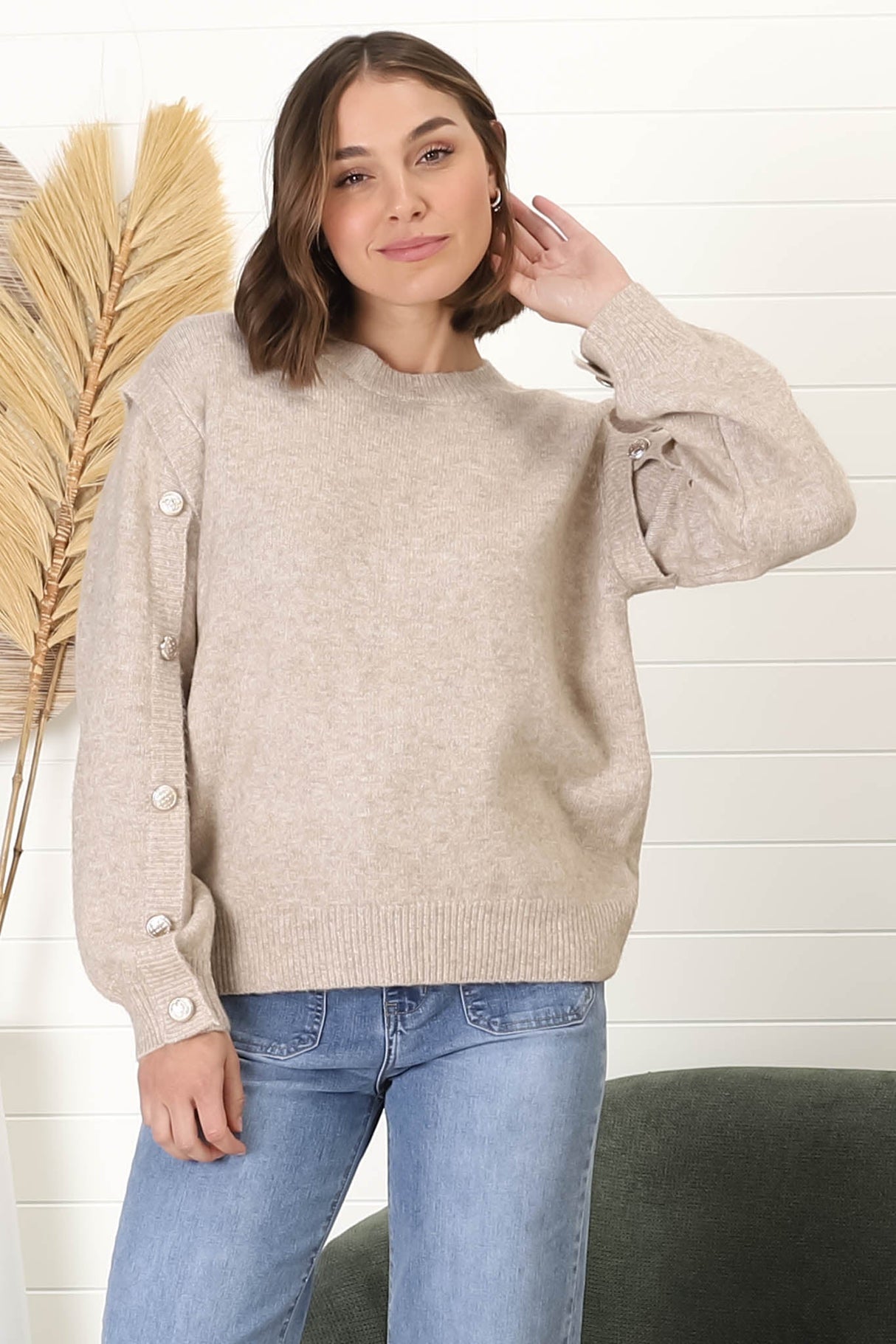 Meldon Jumper - Button Detailed Crew Neck Jumper in Taupe