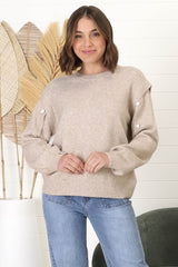 Meldon Jumper - Button Detailed Crew Neck Jumper in Taupe