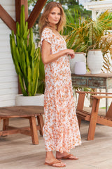 JAASE - Melissa Maxi Dress: Butterfly Cap Sleeve Drawstring Waist Dress in Prairie Apricot Print