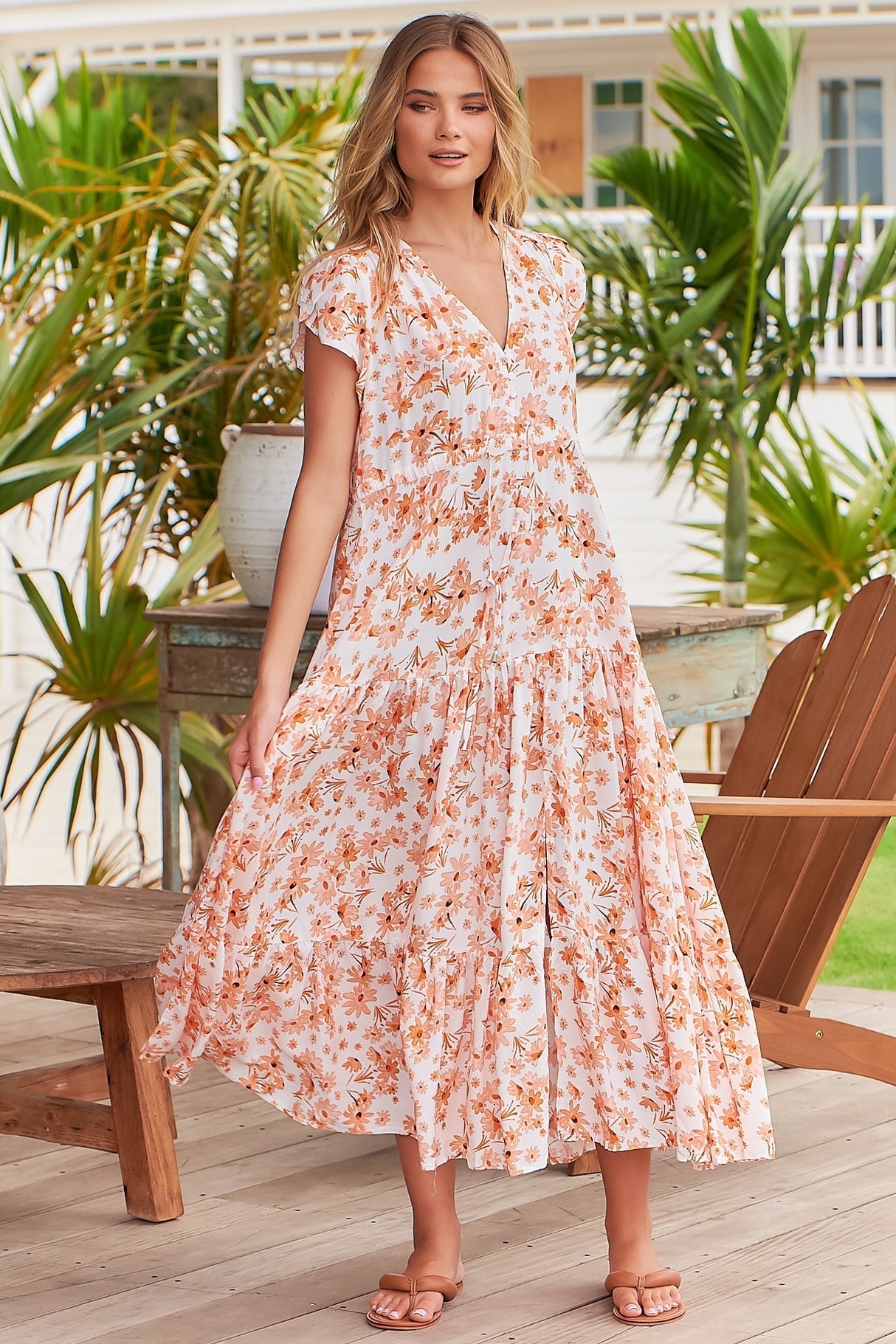 JAASE - Melissa Maxi Dress: Butterfly Cap Sleeve Drawstring Waist Dress in Prairie Apricot Print