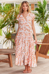 JAASE - Melissa Maxi Dress: Butterfly Cap Sleeve Drawstring Waist Dress in Prairie Apricot Print