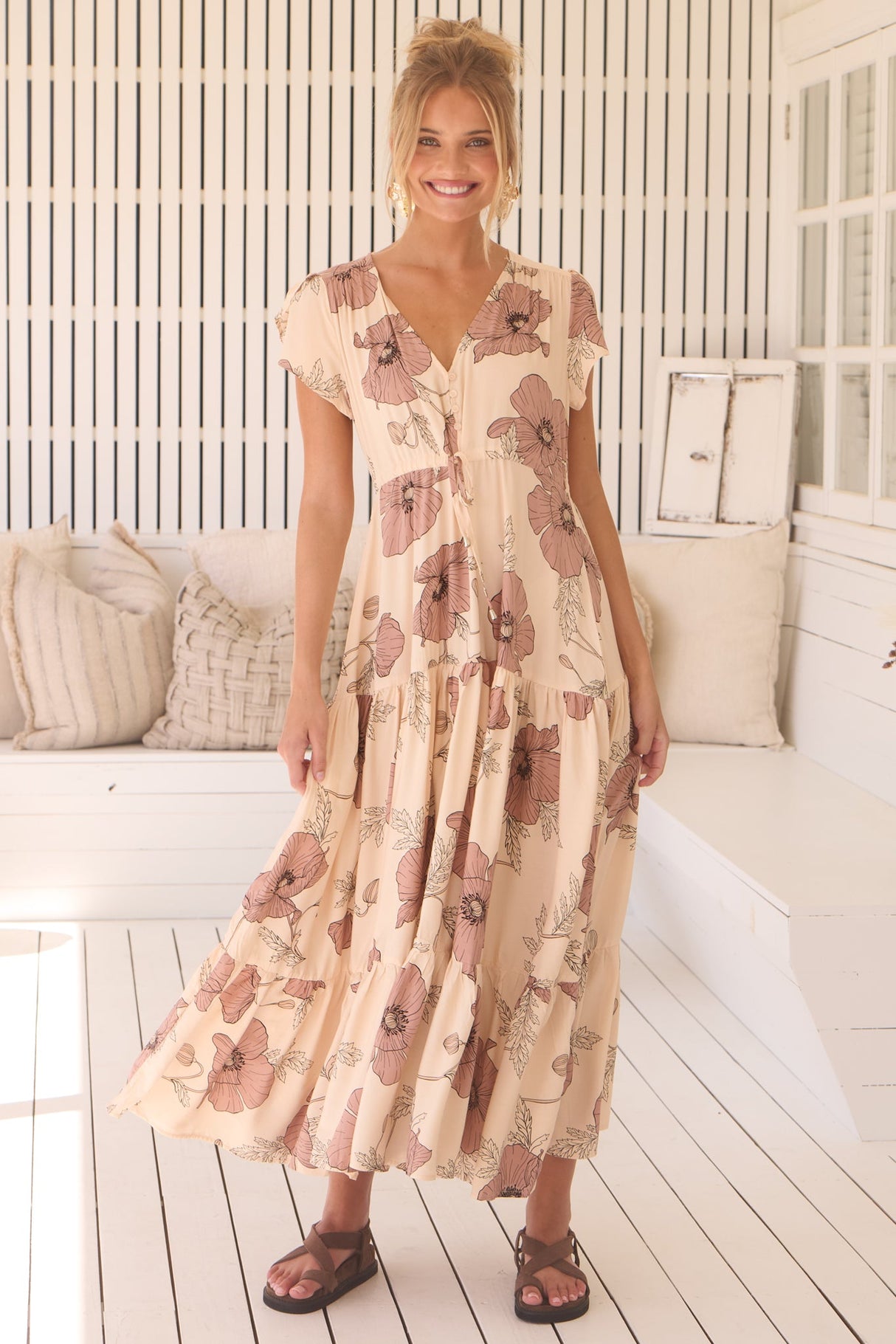 JAASE - Melissa Maxi Dress: Pull Tie Waist Dress with Split in April Print