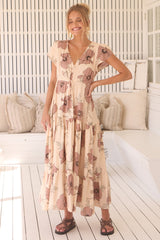 Melissa Maxi Dress - Pull Tie Waist Dress with Split in April Print