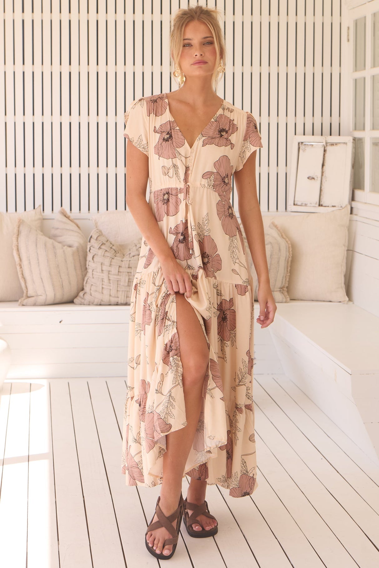 Melissa Maxi Dress - Pull Tie Waist Dress with Split in April Print