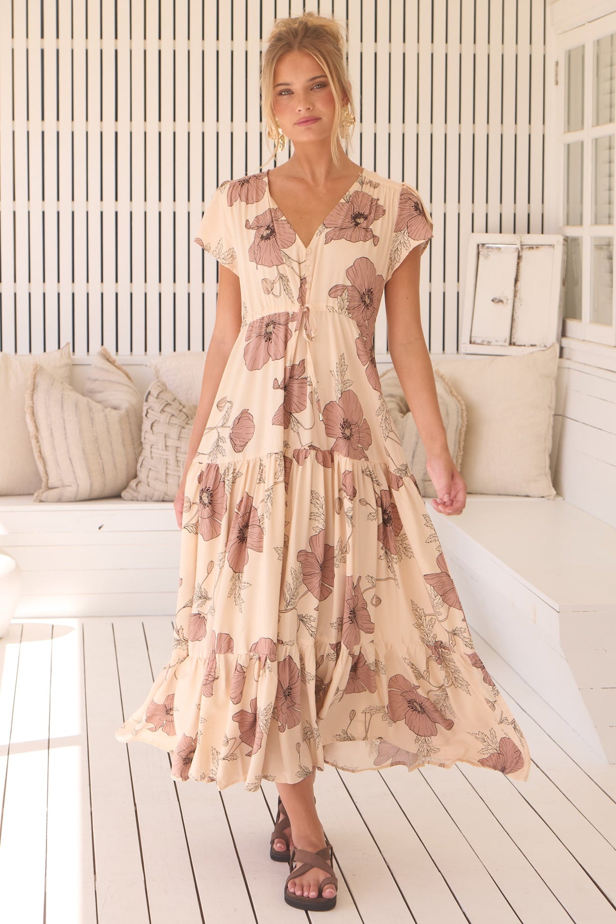 JAASE - Melissa Maxi Dress: Pull Tie Waist Dress with Split in April Print