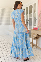 Melissa Maxi Dress - Pull Tie Waist Dress with Split in Floating Palms Print