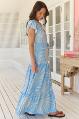 Melissa Maxi Dress - Pull Tie Waist Dress with Split in Floating Palms Print