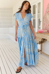 Melissa Maxi Dress - Pull Tie Waist Dress with Split in Floating Palms Print