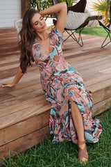 JAASE - Melissa Maxi Dress: Pull Tie Waist Dress with Split in Lakeside Serenity Print