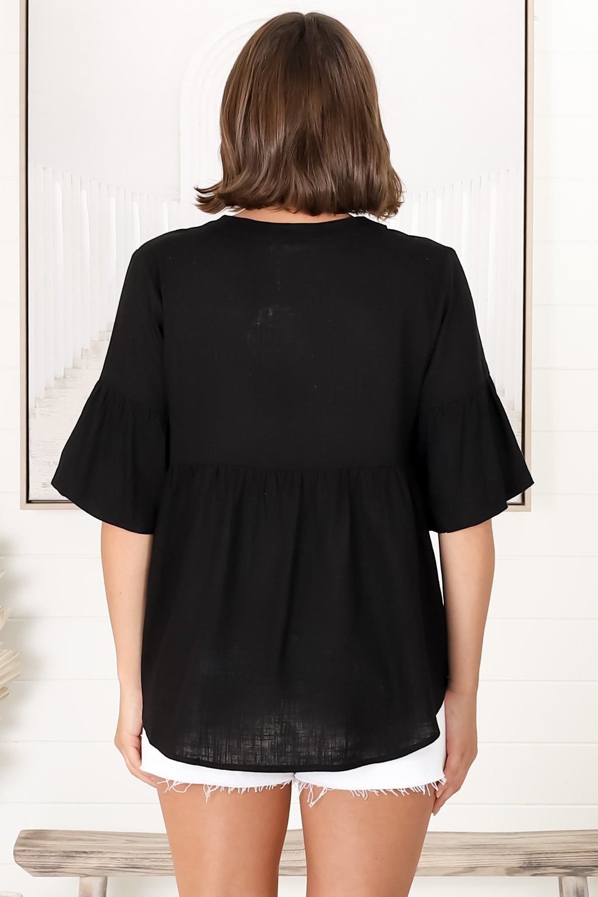 Melly Top - Cotton Blend V Neck Smock Top with Flute Sleeves in Black