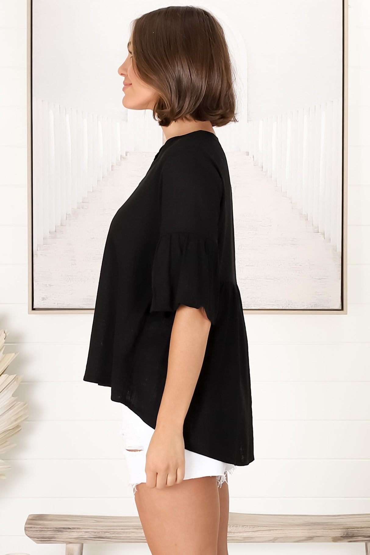 Melly Top - Cotton Blend V Neck Smock Top with Flute Sleeves in Black