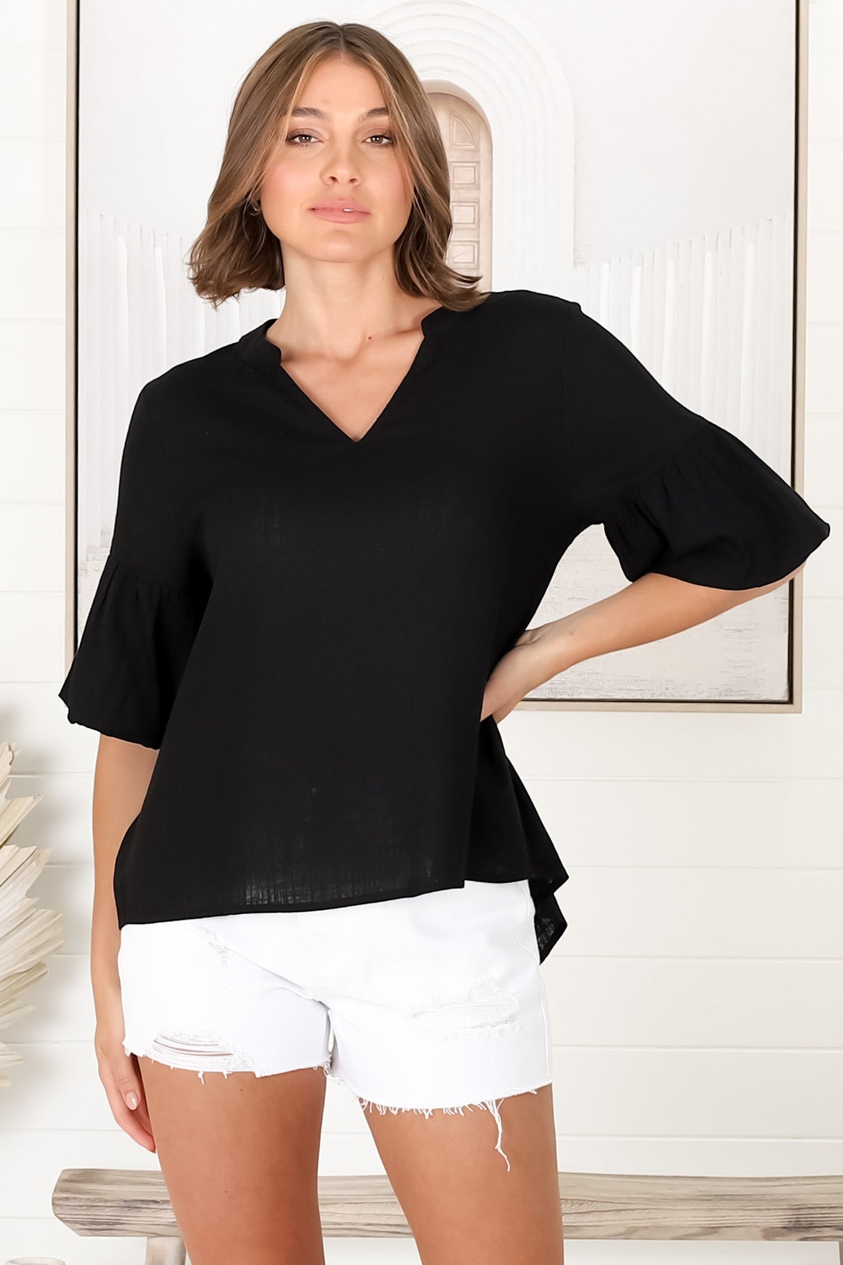 Melly Top - Cotton Blend V Neck Smock Top with Flute Sleeves in Black