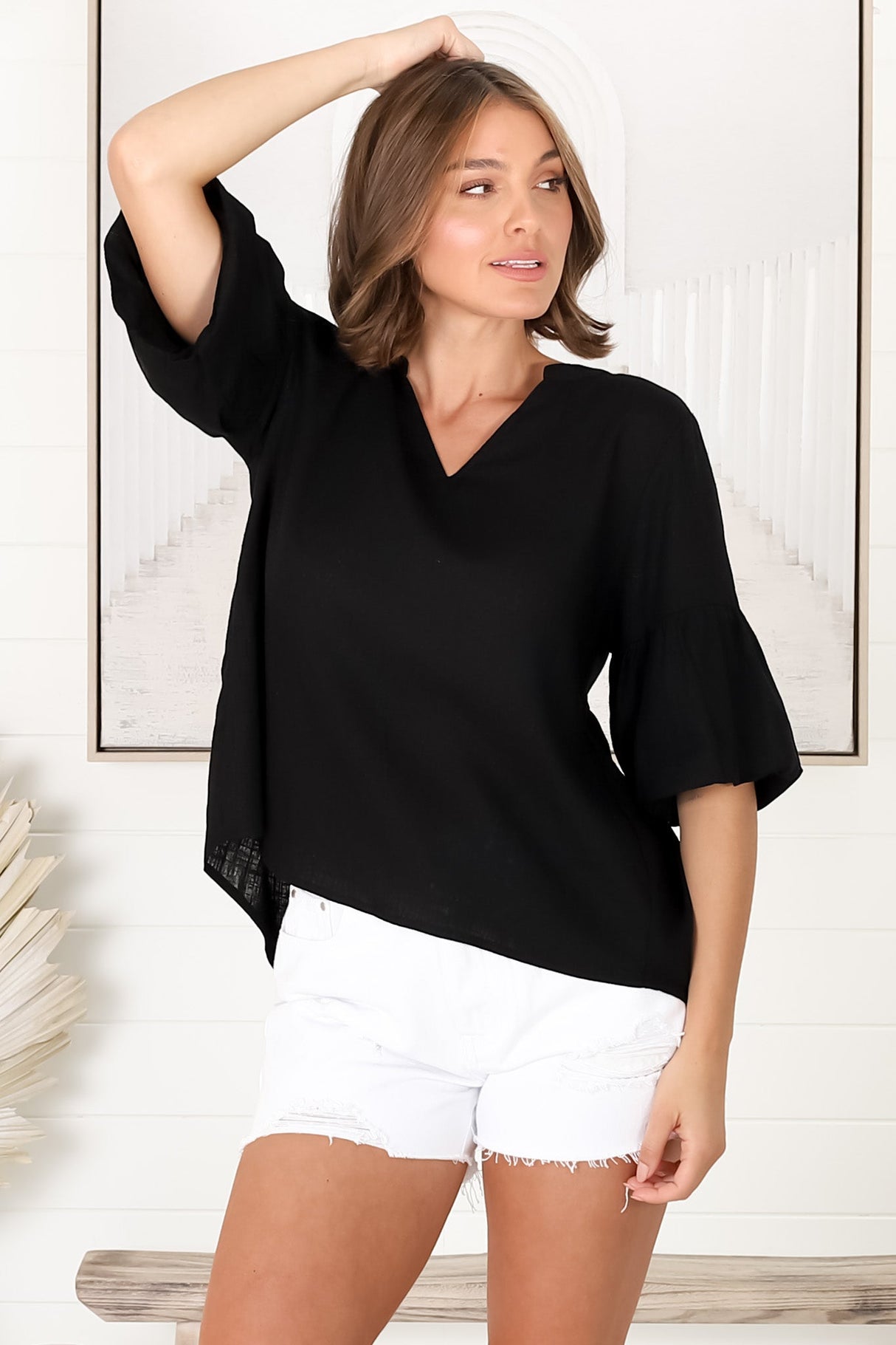 Melly Top - Cotton Blend V Neck Smock Top with Flute Sleeves in Black