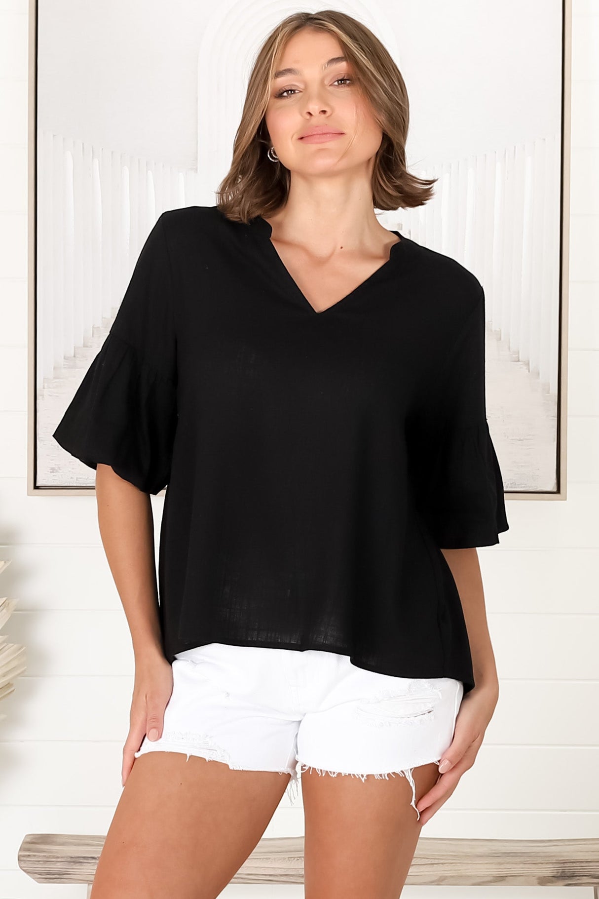 Melly Top - Cotton Blend V Neck Smock Top with Flute Sleeves in Black