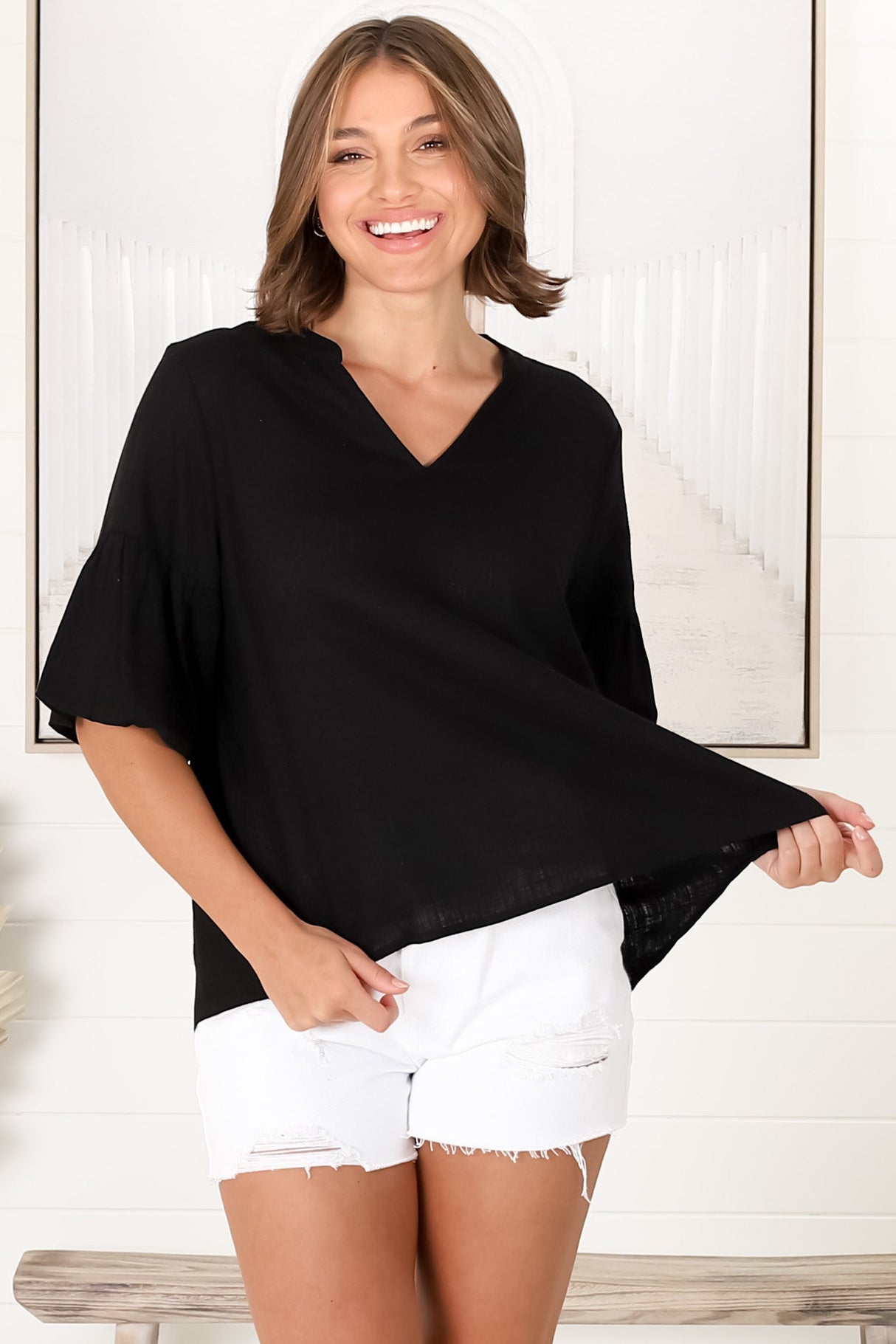 Melly Top - Cotton Blend V Neck Smock Top with Flute Sleeves in Black