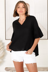 Melly Top - Cotton Blend V Neck Smock Top with Flute Sleeves in Black