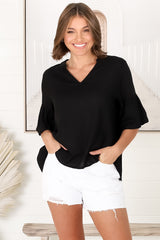 Melly Top - Cotton Blend V Neck Smock Top with Flute Sleeves in Black