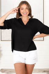 Melly Top - Cotton Blend V Neck Smock Top with Flute Sleeves in Black