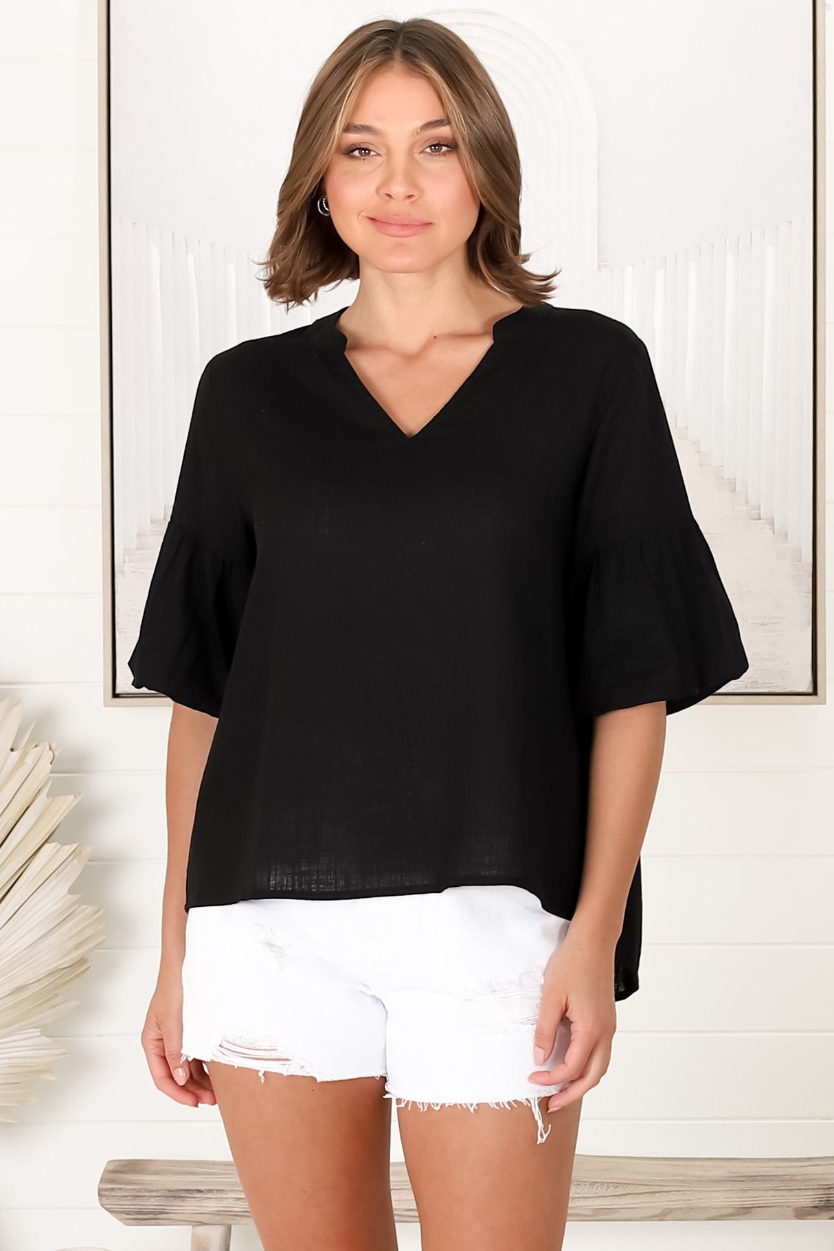 Melly Top - Cotton Blend V Neck Smock Top with Flute Sleeves in Black