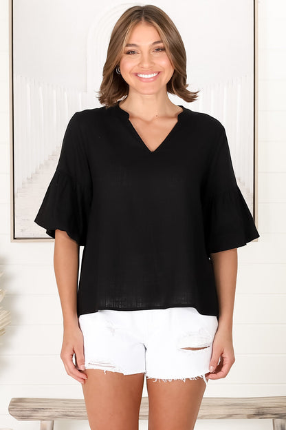 Melly Top - Cotton Blend V Neck Smock Top with Flute Sleeves in Black