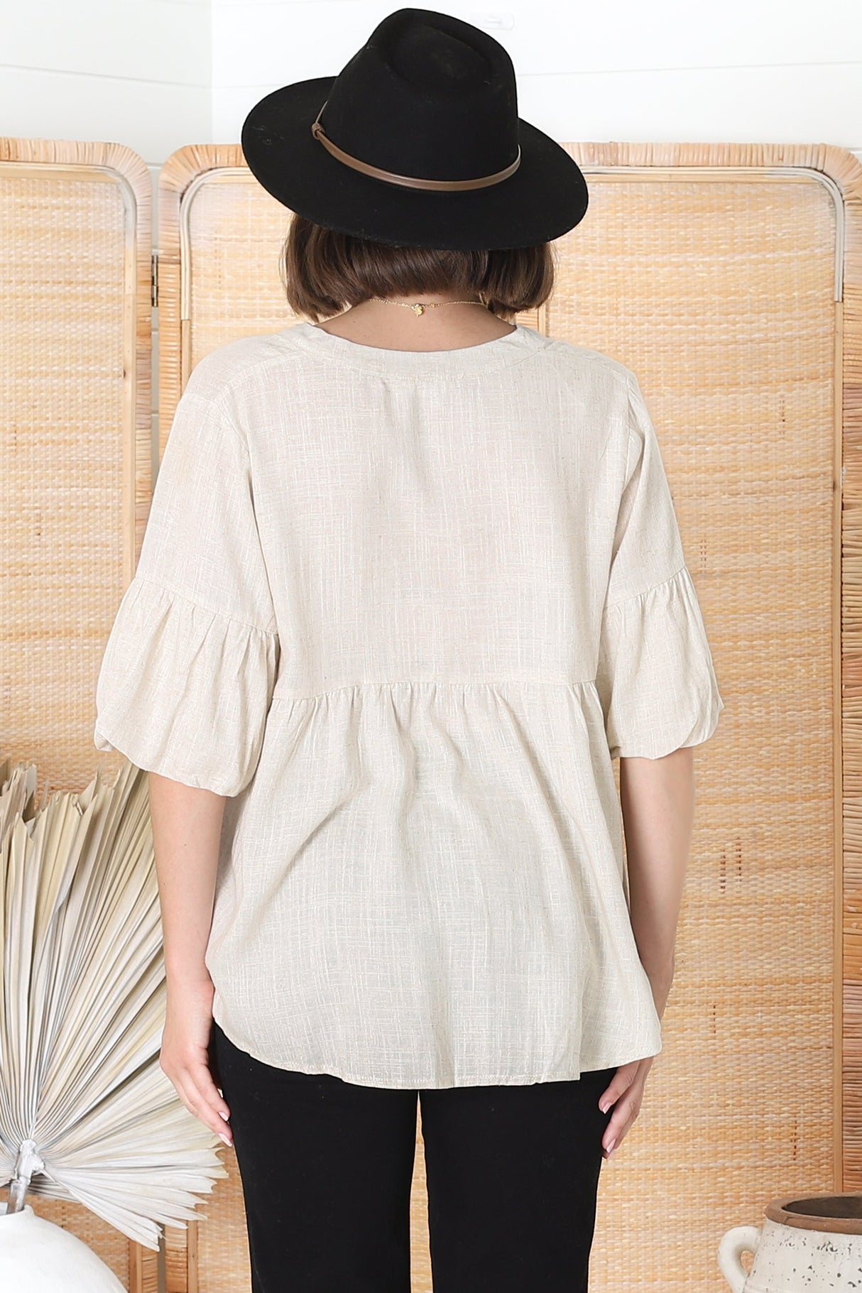 Melly Top - Cotton Blend V Neck Smock Top with Flute Sleeves in Cream