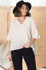 Melly Top - Cotton Blend V Neck Smock Top with Flute Sleeves in Cream