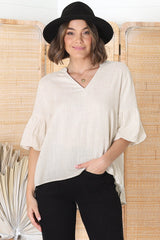 Melly Top - Cotton Blend V Neck Smock Top with Flute Sleeves in Cream